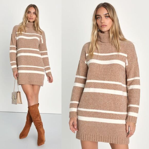 Lulus Casual Attitude Beige Striped Turtleneck Mini Sweater Dress M NWT - Picture 1 of 9